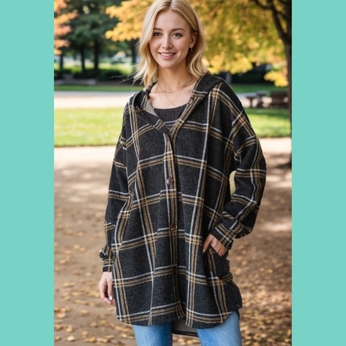 Charcoal Plaid Hooded Button Up