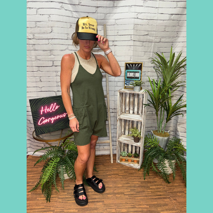 Dark Olive Spaghetti Strap Pocketed Romper