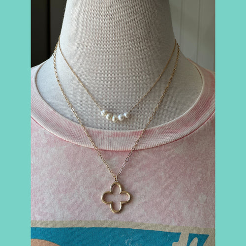 Worn Gold Open Clover Necklace with Pearl Row