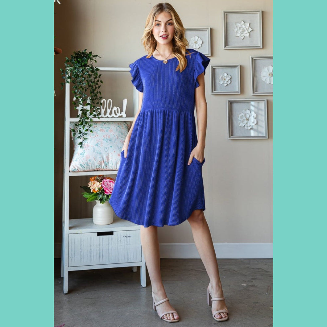 Royal Ribbed Ruffle Sleeve Dress