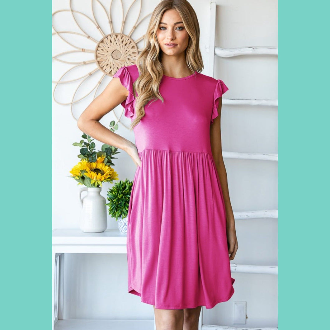 Hot Pink Ribbed Ruffle Sleeve Dress