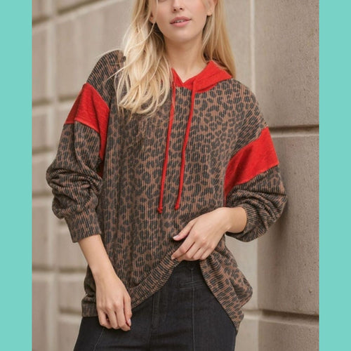 Red & Leopard Ribbed Hoodie