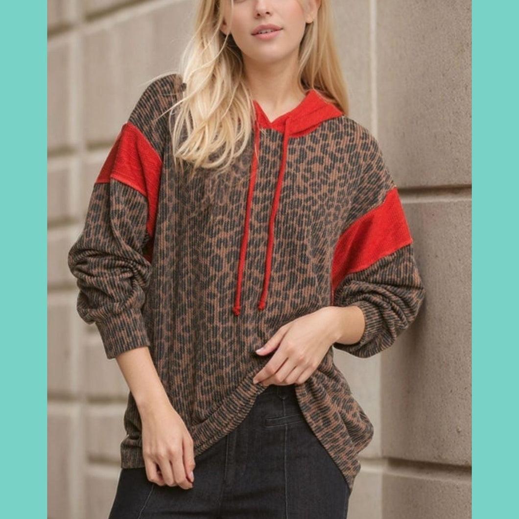 Red & Leopard Ribbed Hoodie