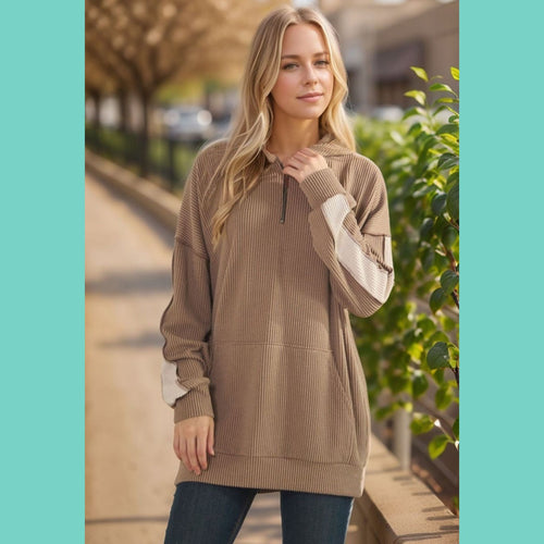 Brown/Cream Colorblock Sleeve 1/2 Zip Ribbed Hoodie
