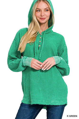 Kelly Green Washed Double Gauze Button Hoodie