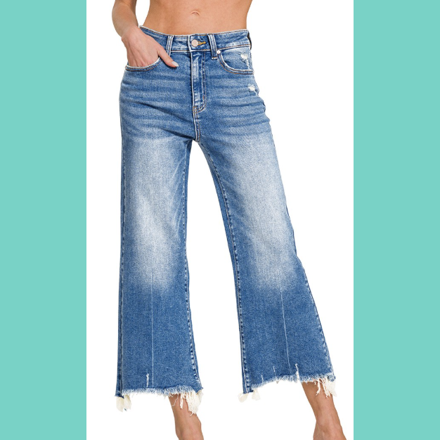 Mid Rise Straight Raw Hem Cropped Jeans