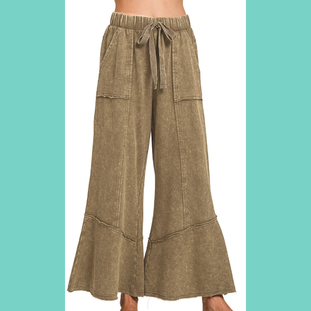 Mocha Exposed-Seam Flare Hem Pants With Pockets