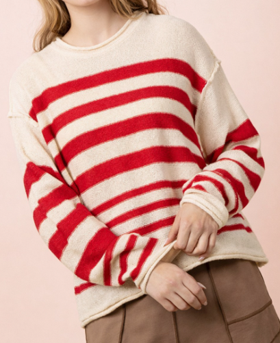 Oversized Knit Red Stripe Top