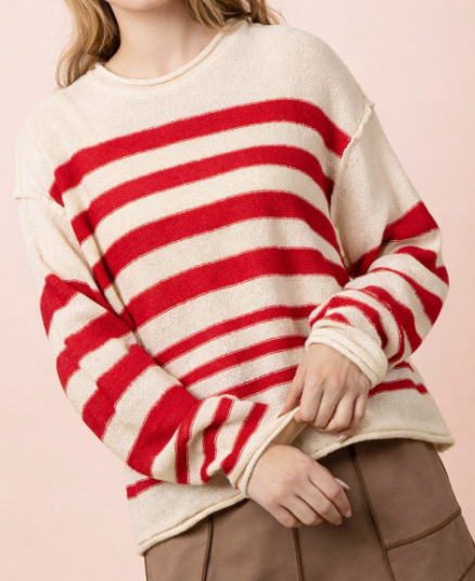 Oversized Knit Red Stripe Top