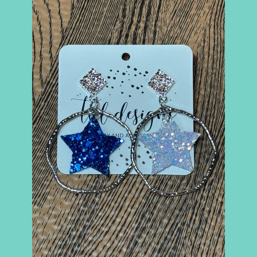 Royal & White Iridescent Star Hoop Stud Earrings