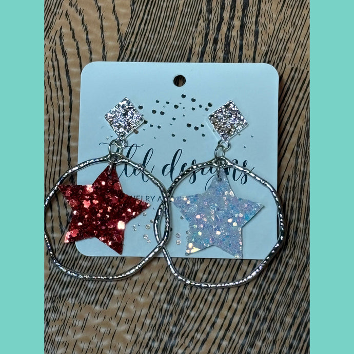 Red & White Iridescent Star Hoop Stud Earrings