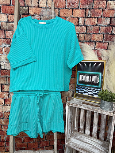 Turquoise Corded Round Neck Short Set