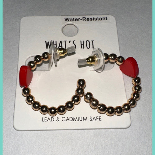 Water Resistant Gold Beaded Red Heart Earrings