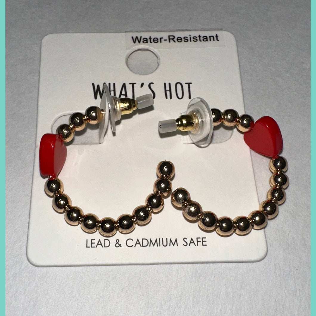 Water Resistant Gold Beaded Red Heart Earrings