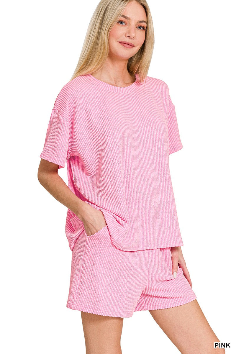 Pink Berry Corded Round Neck Short Set