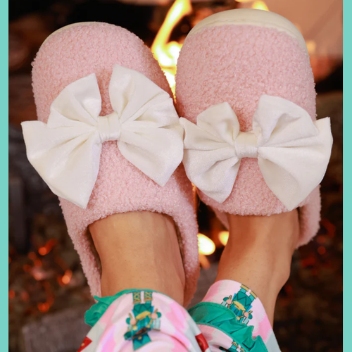 Pink & White Velvet Cozy Bow Slippers