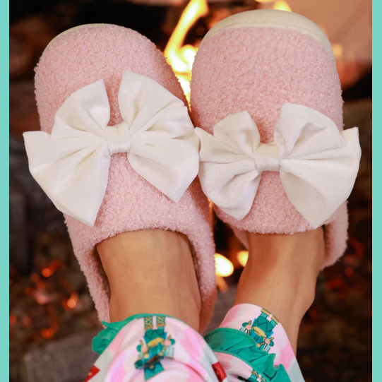 Pink & White Velvet Cozy Bow Slippers