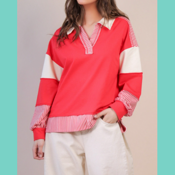 Red & Cream Colorblock Solid & Stripe Knit Top