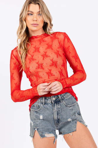 Red Long Sleeve Floral Lace Top