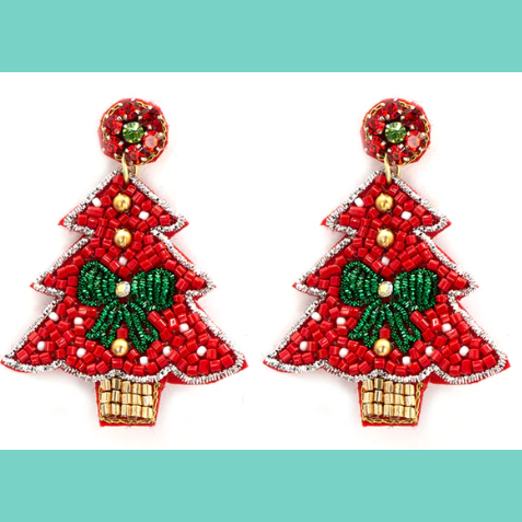 Red with Green Bow Seed Bead Christmas Tree Earring