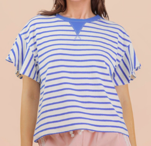 Oversized Ruffle Sleeve Blue Stripe Top