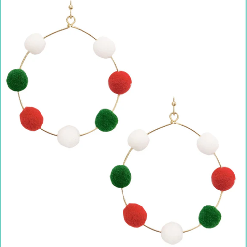 White Red Green Puff Ball Hoop Earrings