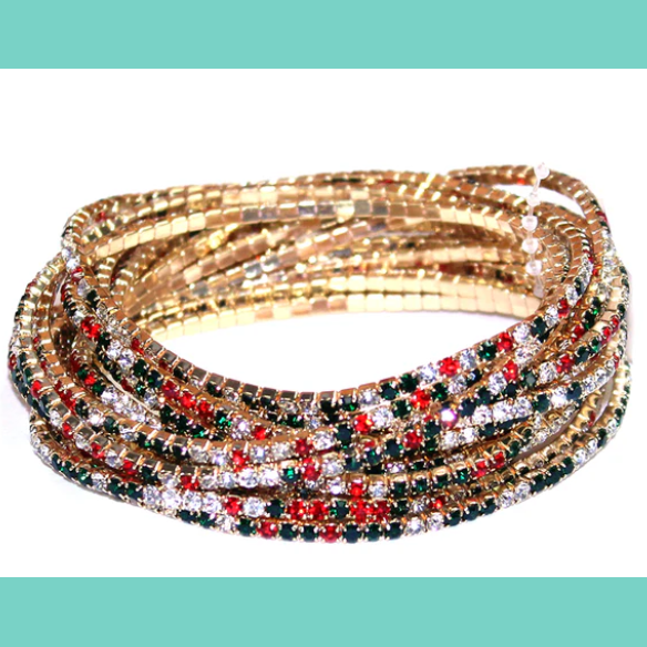 Red, Green & Clear Crystal & Gold Set of 12 Stretch Bracelets