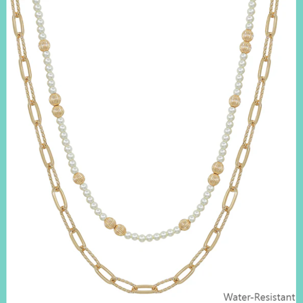 Water Resistant Pearl Beaded Layered Necklace