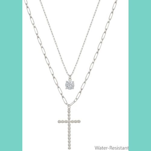 Water Resistant Silver Cross Layered Crystal Necklace