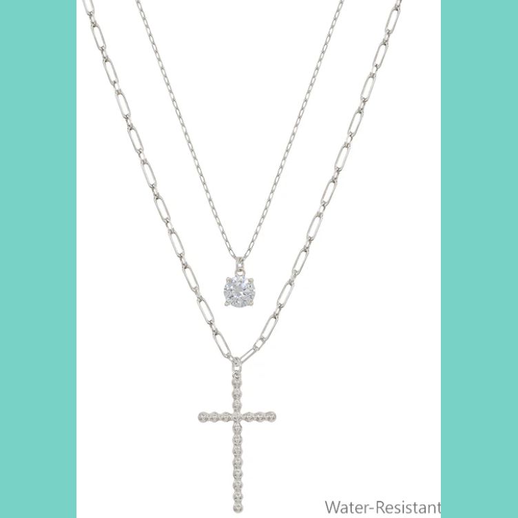 Water Resistant Silver Cross Layered Crystal Necklace