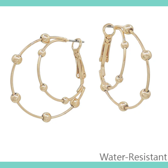 Water Resistant Double Layer Gold Beaded Accent Hoops