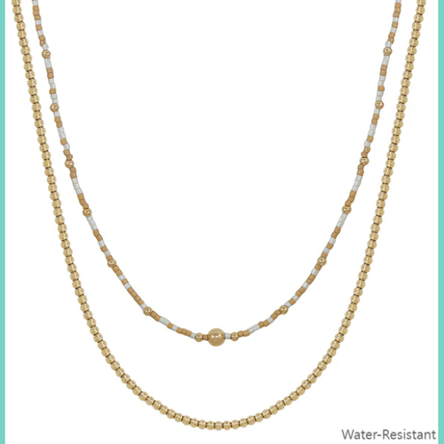 Water Resistant Gold and White Beaded Double Layered Necklace