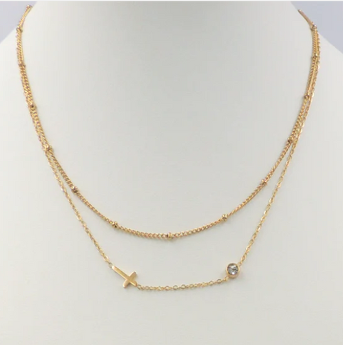 Stainless Gold Two Layered Dainty Cross Necklace