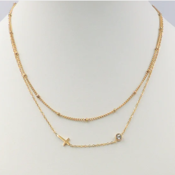 Stainless Gold Two Layered Dainty Cross Necklace