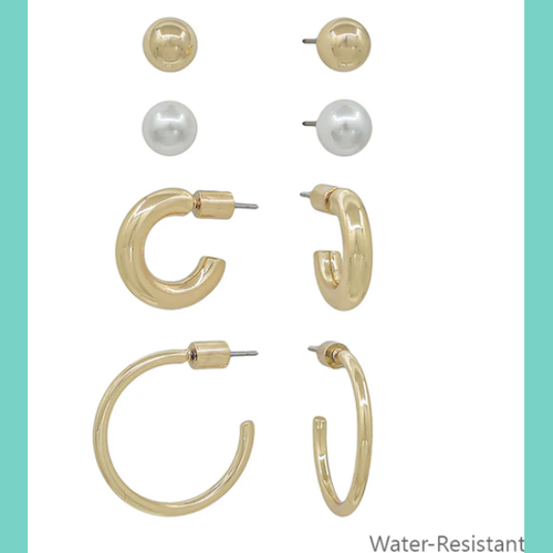 Water Resistant Gold Pearl Studs & Hoops