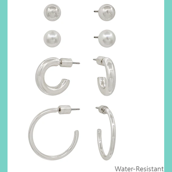 Water Resistant Silver Pearl Studs & Hoops