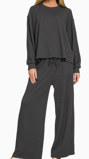 Rib Knit Black Pants Set