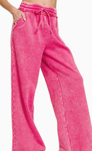 Hot Pink Acid Wash Fleece Sweatpants With Pockets