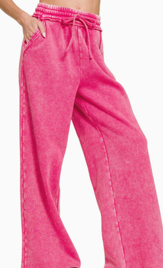 Hot Pink Acid Wash Fleece Sweatpants With Pockets