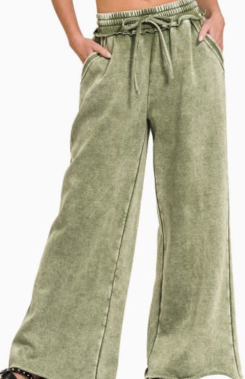 Light Olive Acid Wash Fleece Sweatpants With Pockets