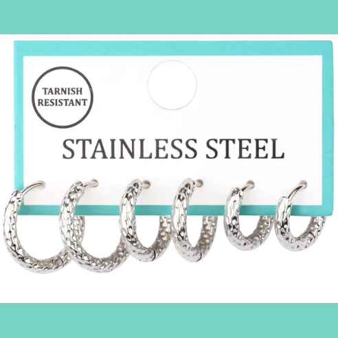 Silver Textured Hoops Set