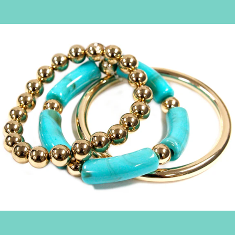 Set of Three Turquoise Acrylic and Gold Stretch Bracelet Set