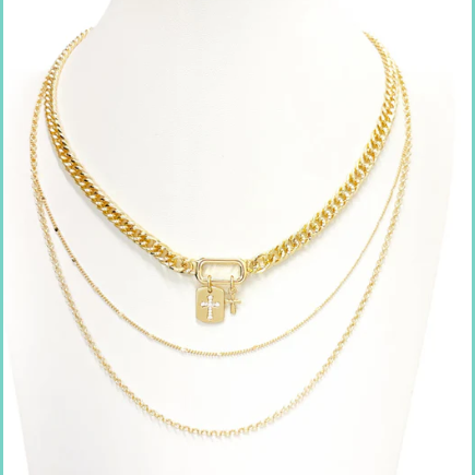 Triple Layered Gold Chain with Cross Charms Necklace