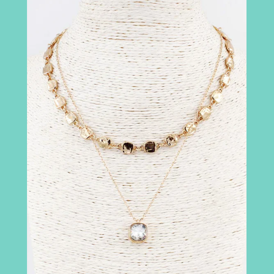 Two Layered Hammered Square with Clear Crystal Drop Necklace