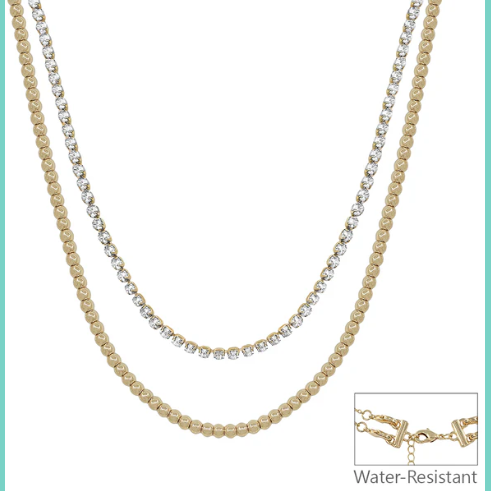 Water Resistant Gold Beaded & Rhinestone Necklace
