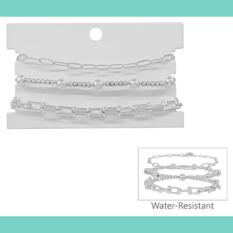 Water Resistant Silver Triple Bracelet Set