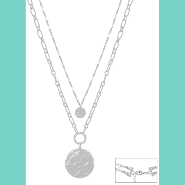 Water Resistant Silver Double Layer Disc Necklace