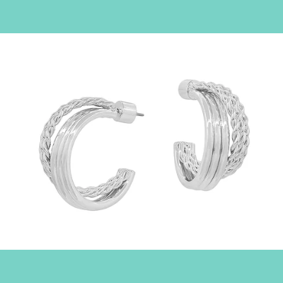 Water resistant Silver Textured Layered Hoop Earring