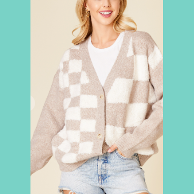 Cream & White Checkerboard Sweater Cardigan