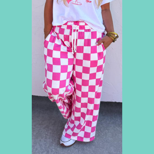 Pink Wide Leg Checkered Joggers